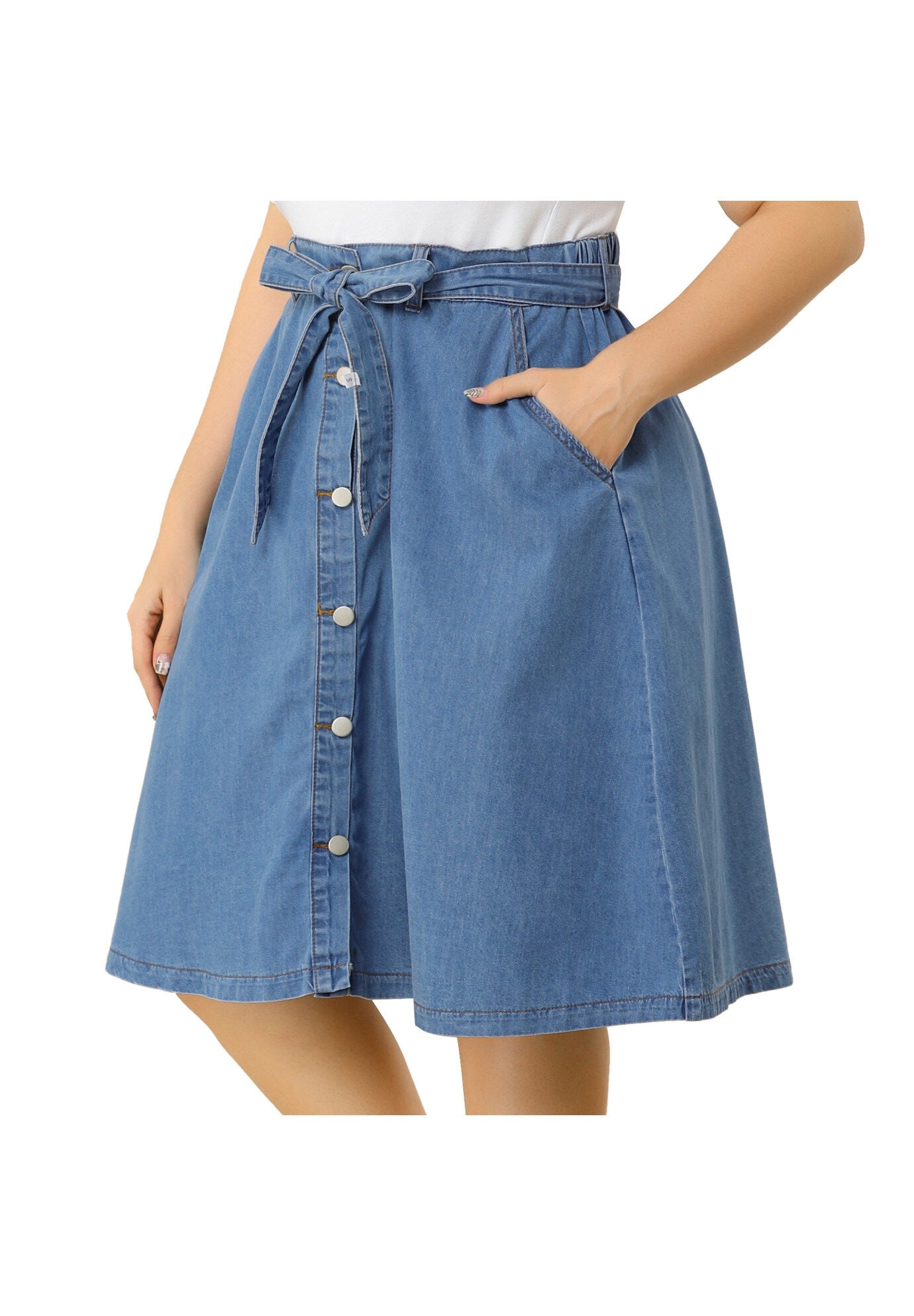 TIE WAIST A-LINE MIDI JEANS DENIM SKIRT, Blue / Light Blue, alternate image number 2
