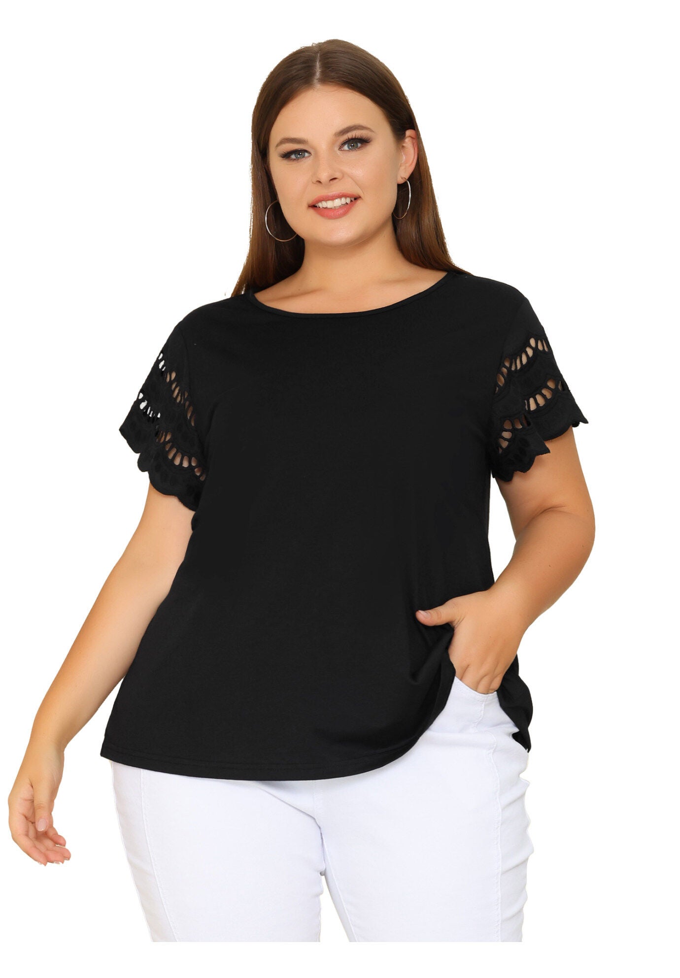 Lace Panel Hollow Short Sleeve Summer Blouse, Black / Black, hi-res image number 0