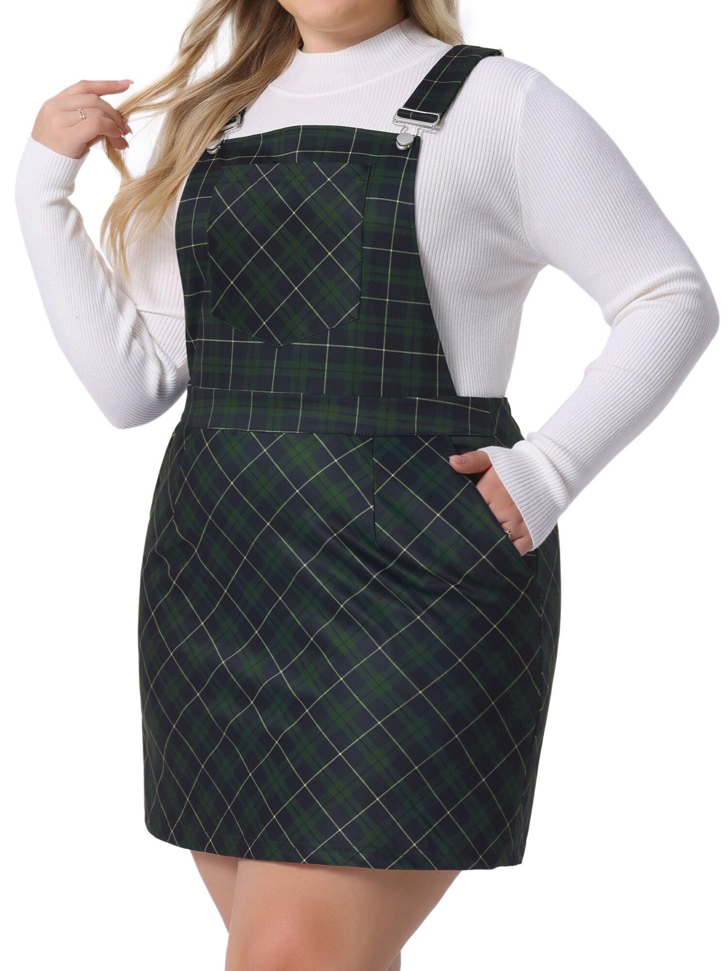 Vintage Plaid Adjustable Straps Pinafore Suspender Skirt Overall Dress, Green / Forest Green, alternate image number 1