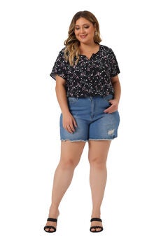 Summer Top Floral Half Placket Short Sleeve Casual Blouse