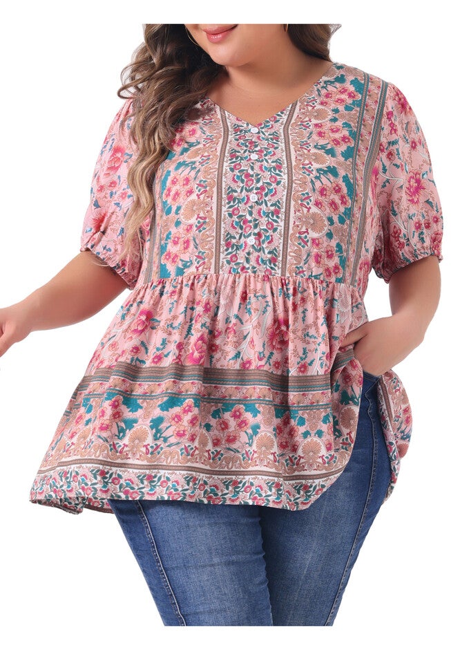 Boho Floral Print V Neck Short Sleeve Peplum Loose Blouse, Pink / Pink, alternate image number 1