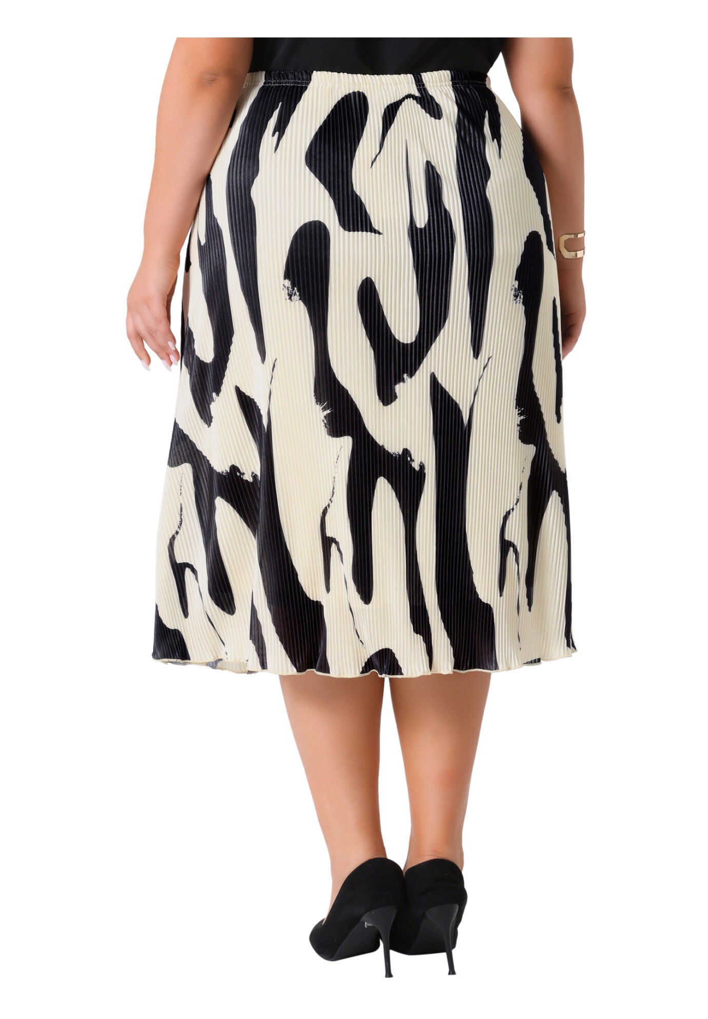 Print Pleated High Waisted A-Line Midi Skirt, Black / Black, alternate image number 2