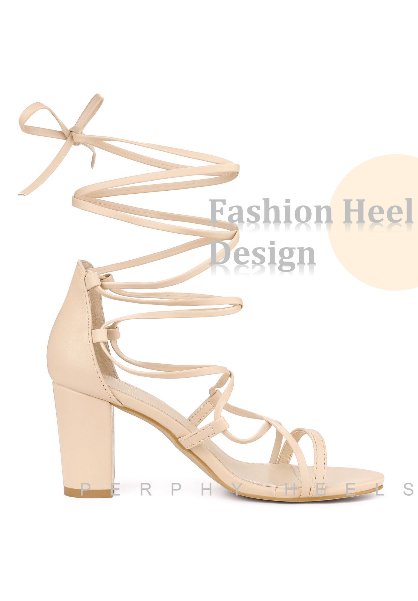 Strappy Strap Lace Up Chunky Heel Sandals, Beige / Beige, alternate image number 3