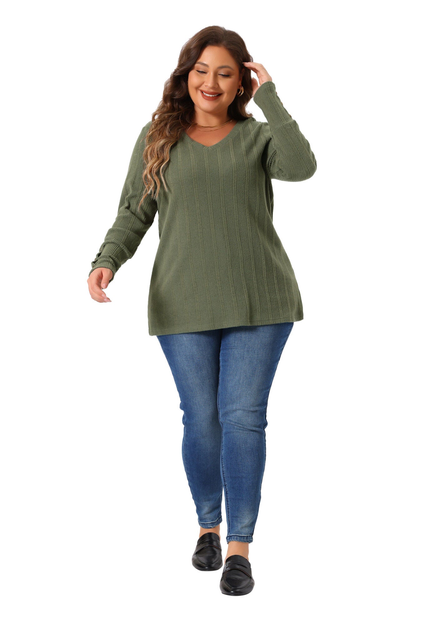 V Neck Button Stretchy Pullover Sweater Knit Top, Army Green / Olive Green, hi-res image number 0