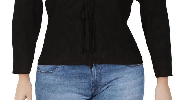 Danielle Bernstein Women's Plus Ribbed Tie Front Cardigan Sweater Black Size 3X, , alternate image number 5