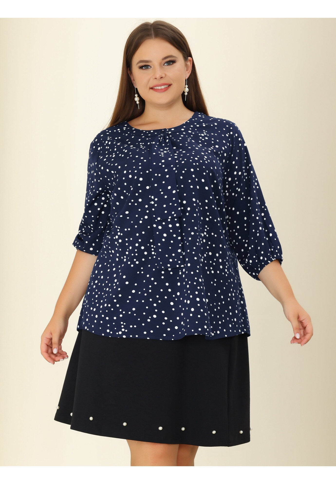 Work Round Neck Ruffle Chiffon Blouse Top, Blue White / Navy, alternate image number 1