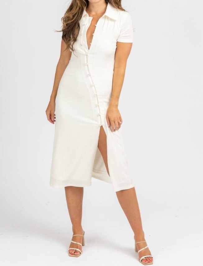 ASYMMETRICAL BUTTON MIDI DRESS IN IVORY, Ivory / White, hi-res image number 0