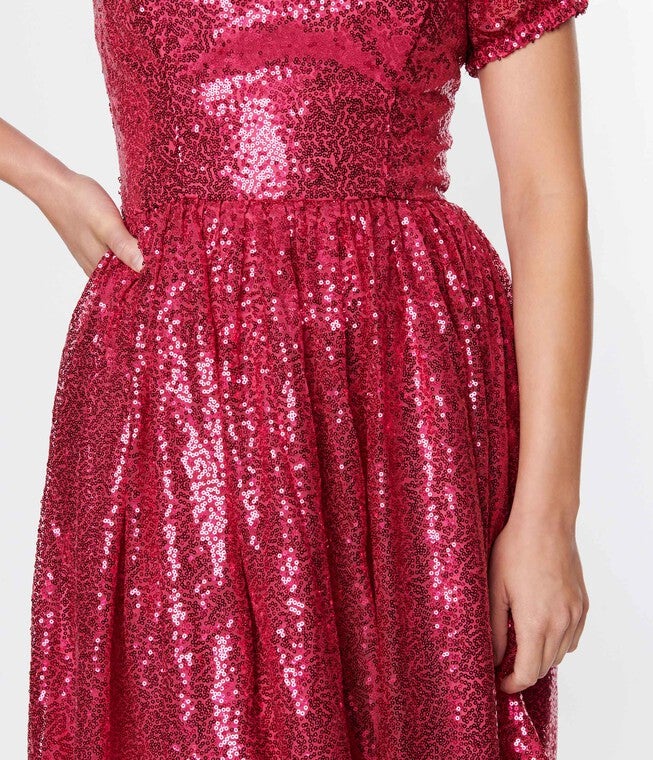 Unique Vintage Hot Pink Sequin Sweetheart Fit & Flare Dress, , alternate image number 4