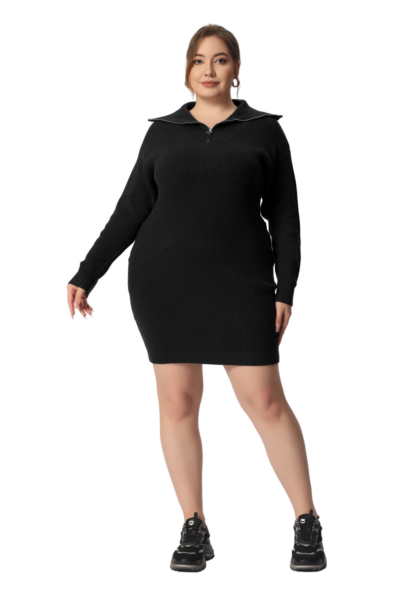 Knit Foldover Collar Loose Pullover Jumper Sweater, Black / Black, hi-res image number 0