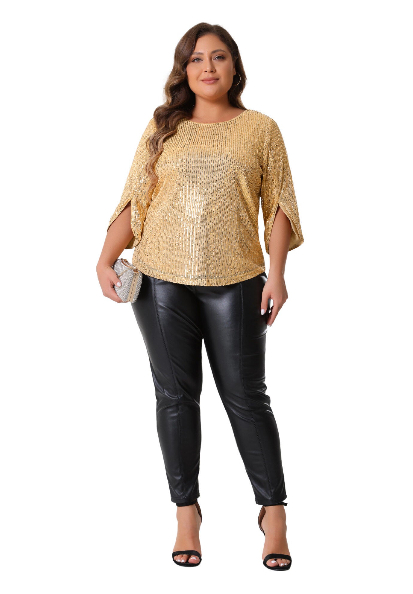 Glitter 3/4 Slit Sleeve Shimmer Sequin Blouse Top, Gold / Gold, hi-res image number 0