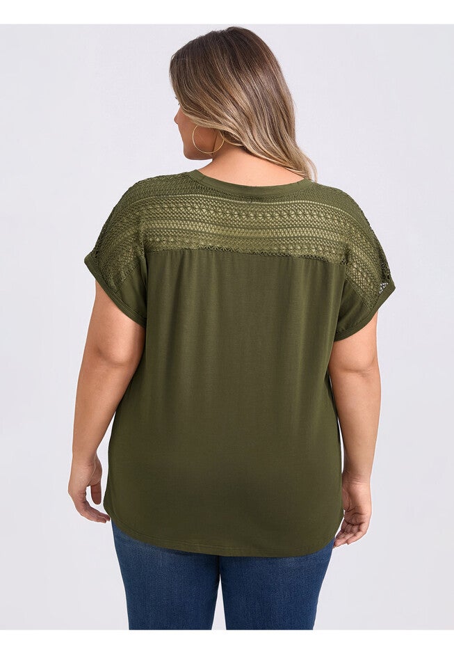 Crew Neck Crochet Lace Trim Shoulder Short Sleeve Blouse, Army Green / Olive Green, alternate image number 1