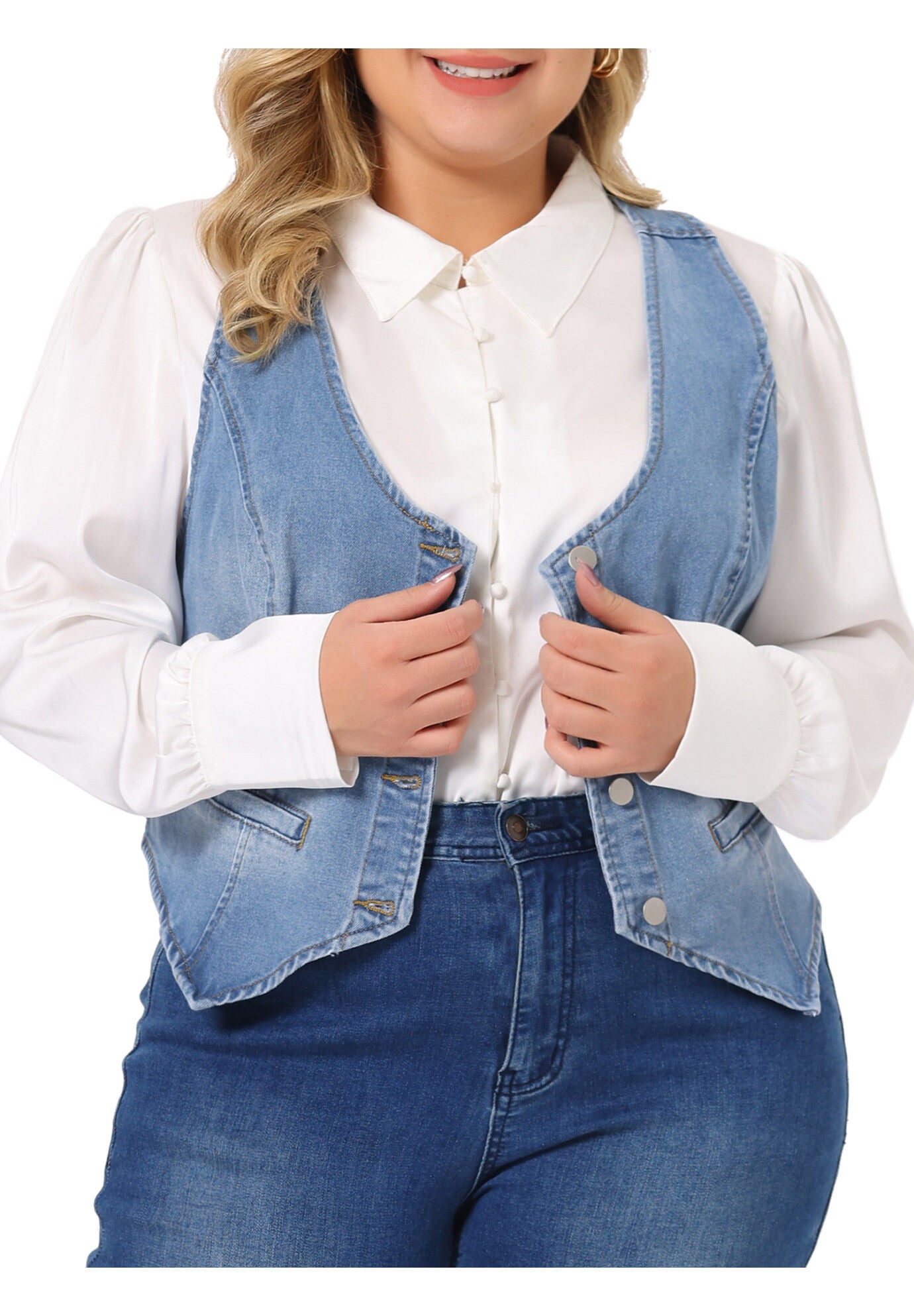 BUTTON DOWN SLEEVELESS JEAN WAISTCOAT VEST, Light Blue / Light Blue, alternate image number 1