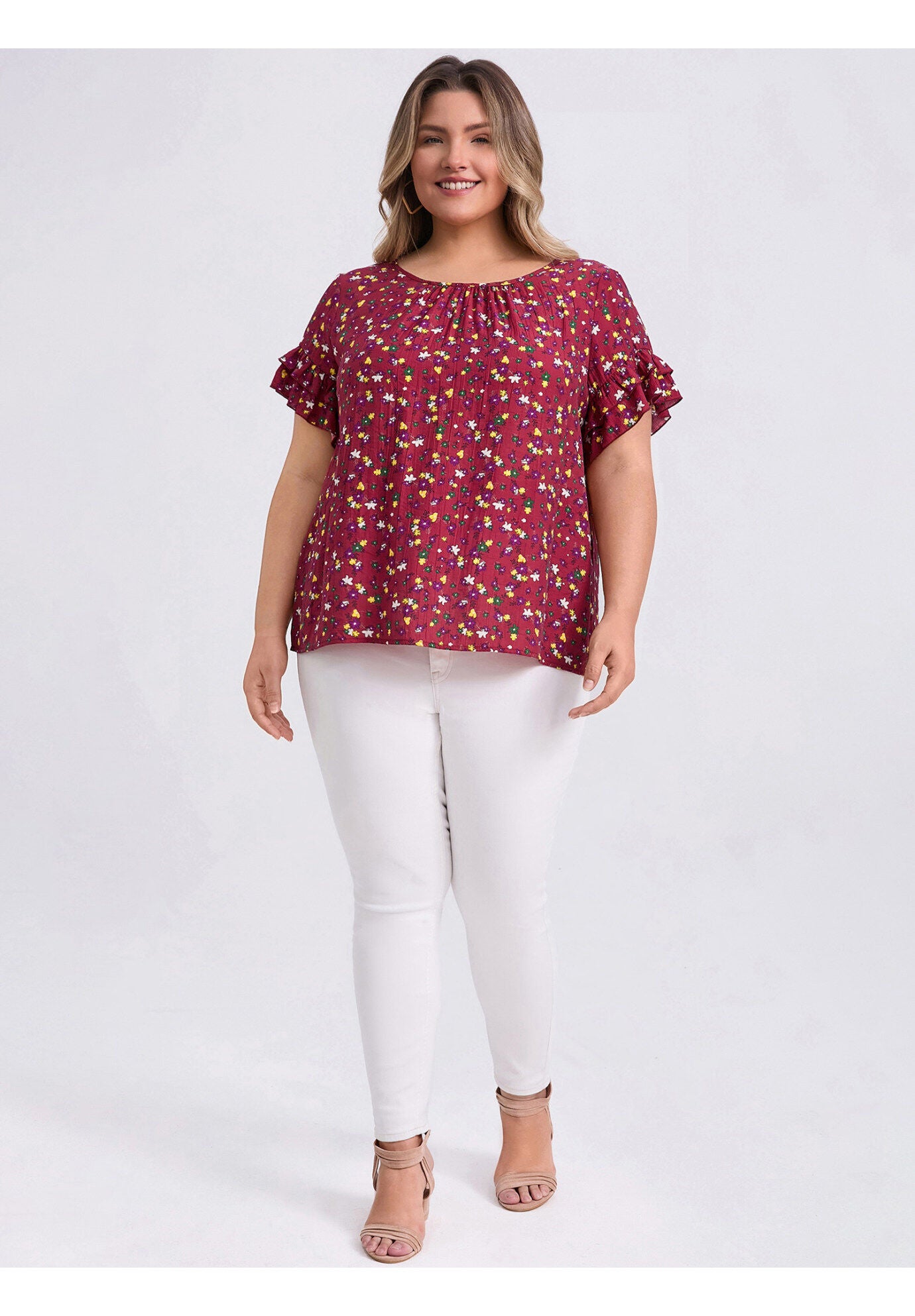 Floral Print Blouse Crew Neck Double Layer Ruffles Short Sleeve Top, Red / Red, alternate image number 1