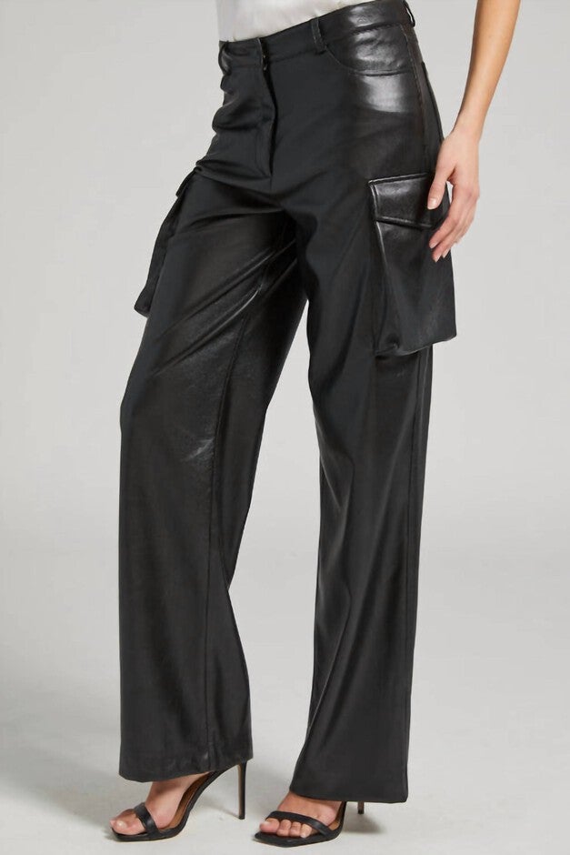 NATE VEGAN LEATHER CARGO PANTS IN BLACK, Black / Black, alternate image number 1