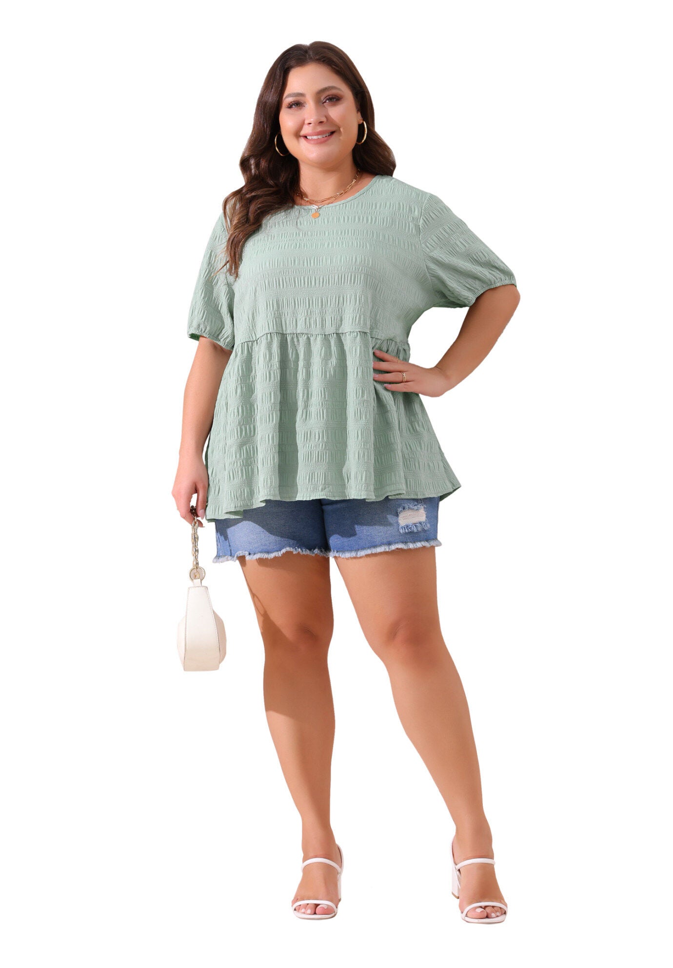 Babydoll Short Sleeve Loose Fit Flowy Blouse, Greyish Green / Mint, hi-res image number 0