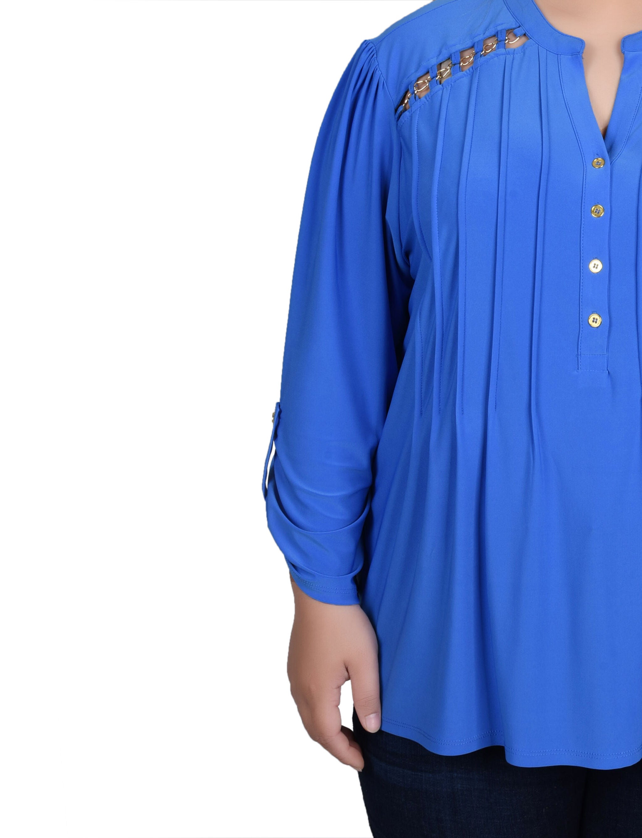 Long Sleeve Pintuck Front Top With Chain Details, Supersonic / blue, alternate image number 2