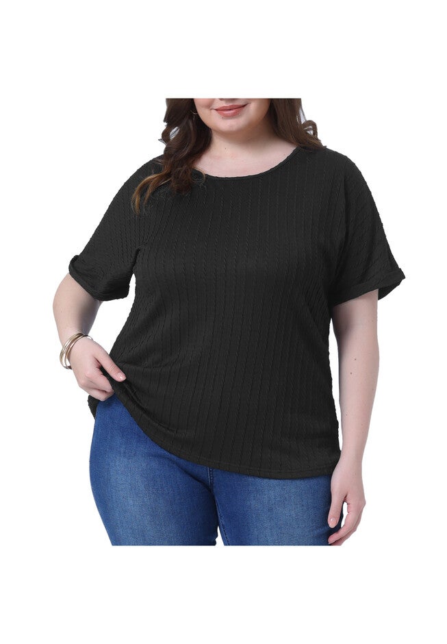 Textured Rolled Short Sleeve Crew Neck T-Shirts Blouses, Black / Black, alternate image number 2