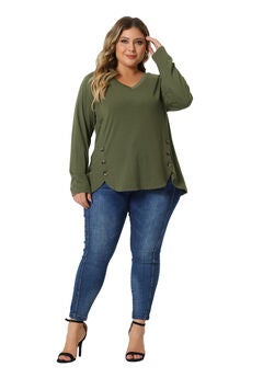 LONG SLEEVE TUNIC TOP V NECK LOOSE T SHIRT