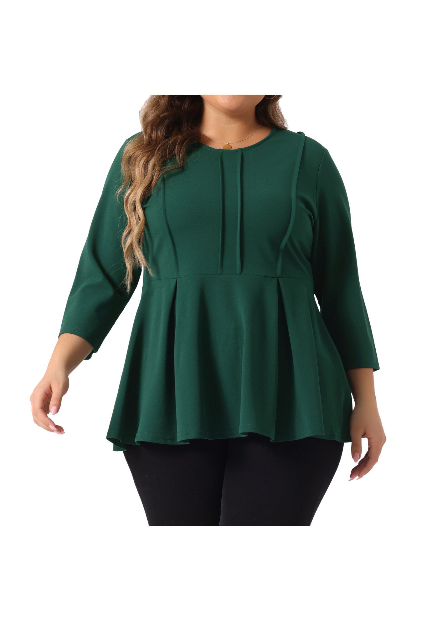 Crew Neck 3/4 Sleeve Peplum Top, Green / Forest Green, alternate image number 3