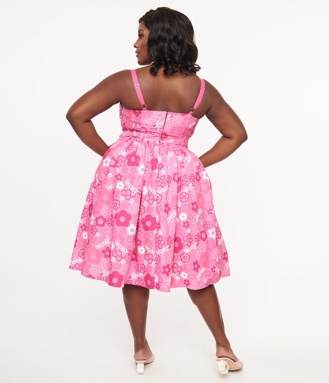 Barbie x Unique Vintage Pink Barbie Print Swing Dress, Pink Barbie Print / Pink, alternate image number 3
