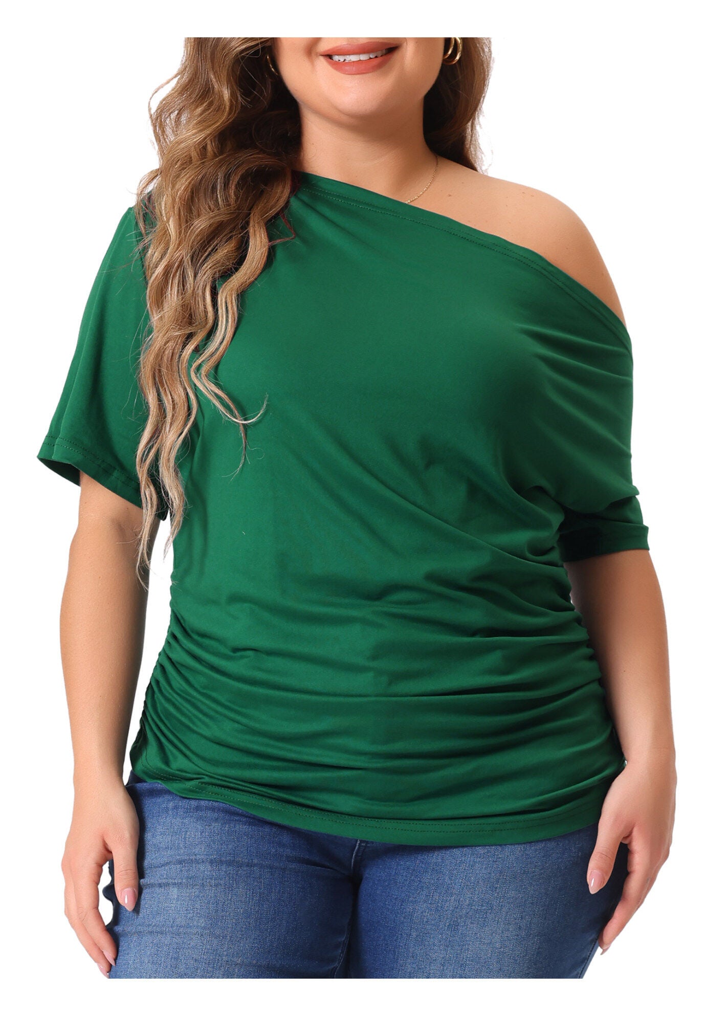 ONE SHOULDER SHORT SLEEVE RUCHED TOP, Dark Green / Hunter Green, alternate image number 2