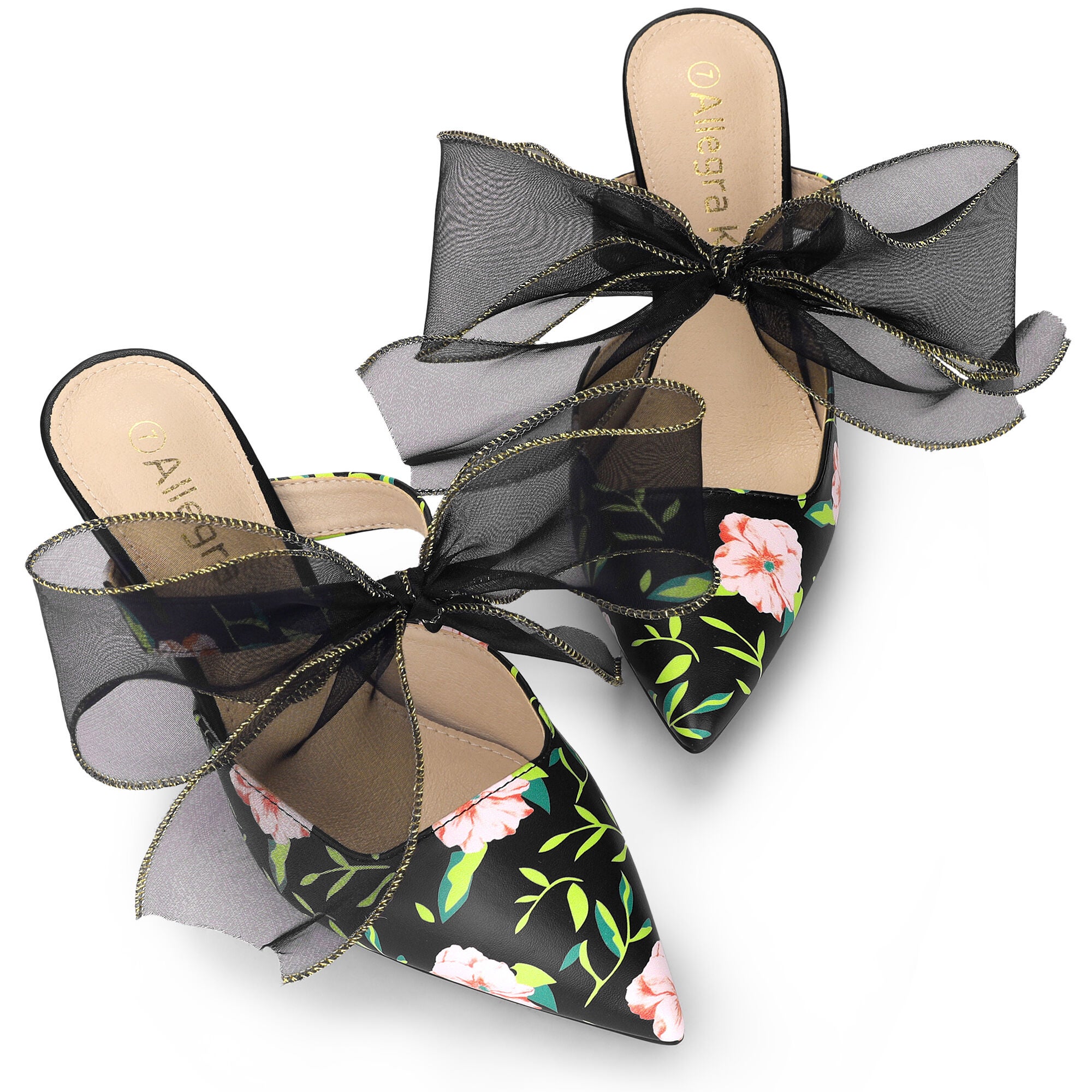 Pointed Toe Lace Bow Stiletto Heels Floral Mules, Black / Black, alternate image number 1