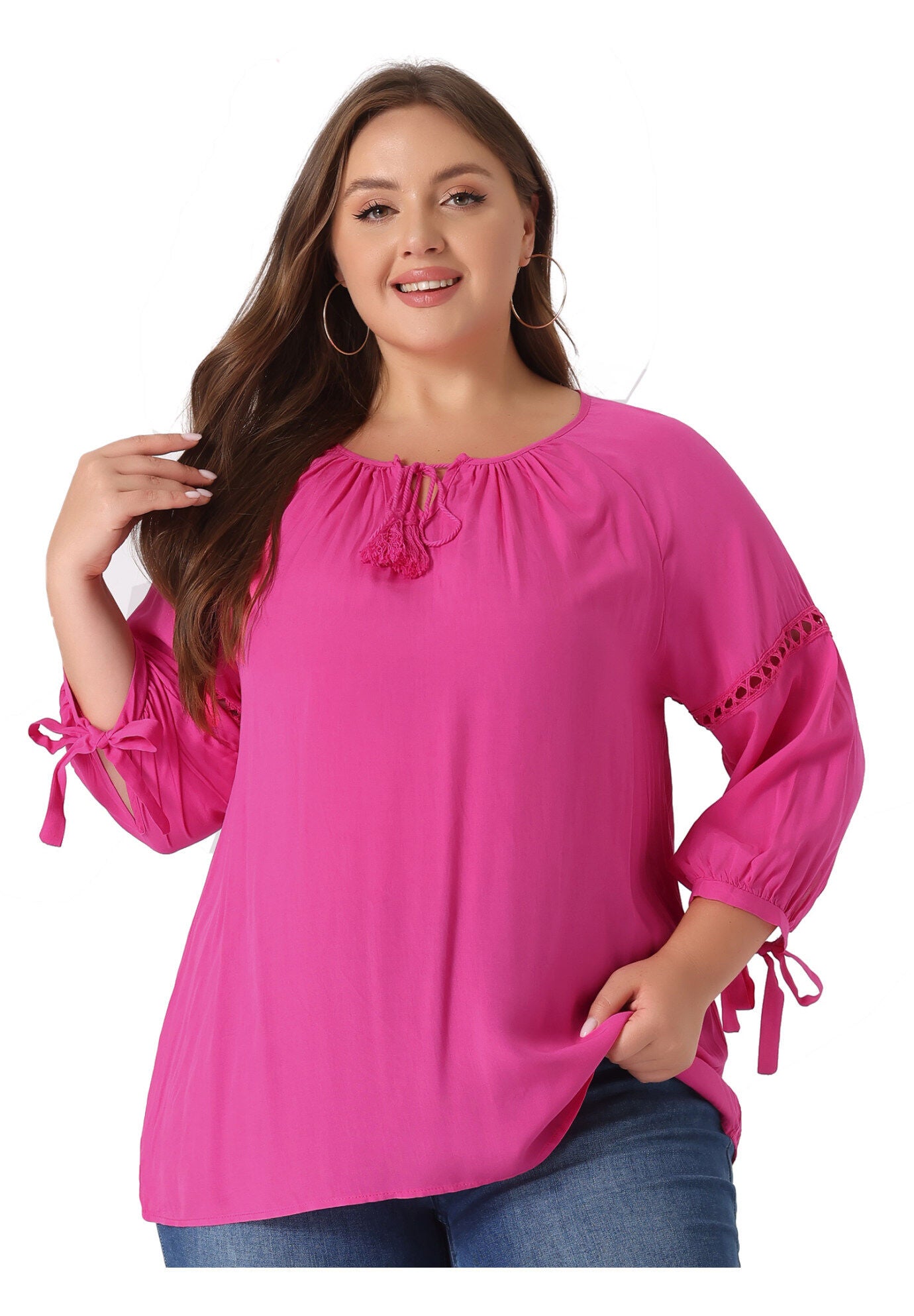 RAGLAN SLEEVES HOLLOW OUT TIE NECK PEASANT TOP, Hot Pink / Pink, alternate image number 2