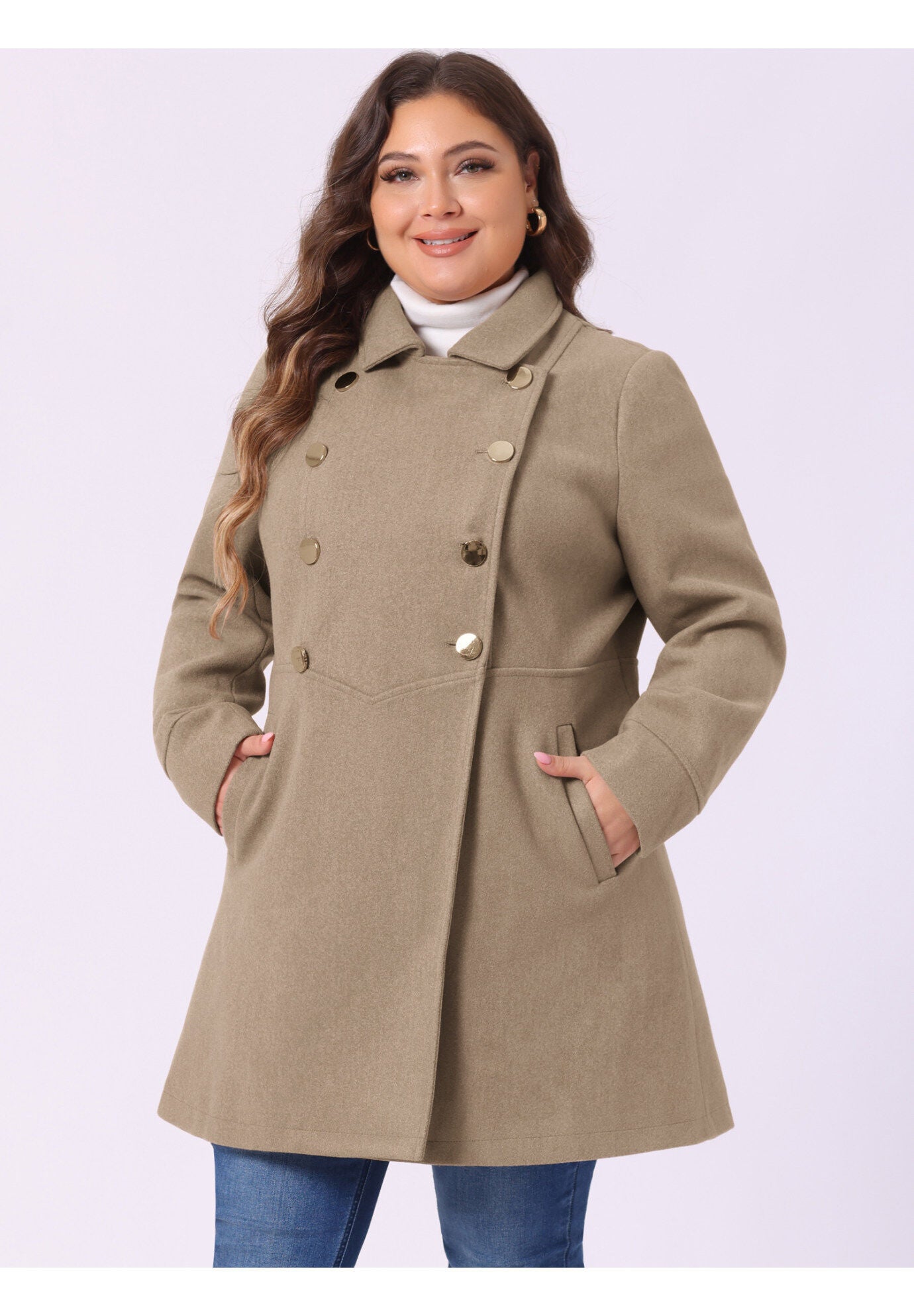 A-Line Peter Pan Collar Double Breasted Peacoat, Light Brown / Brown, alternate image number 1