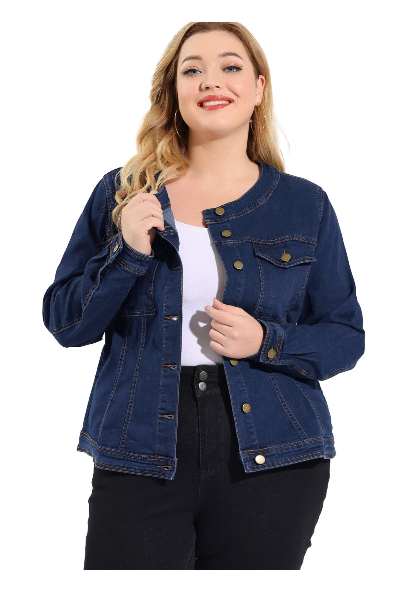 COLLARLESS DENIM JACKET, Blue / Azure Blue, alternate image number 1