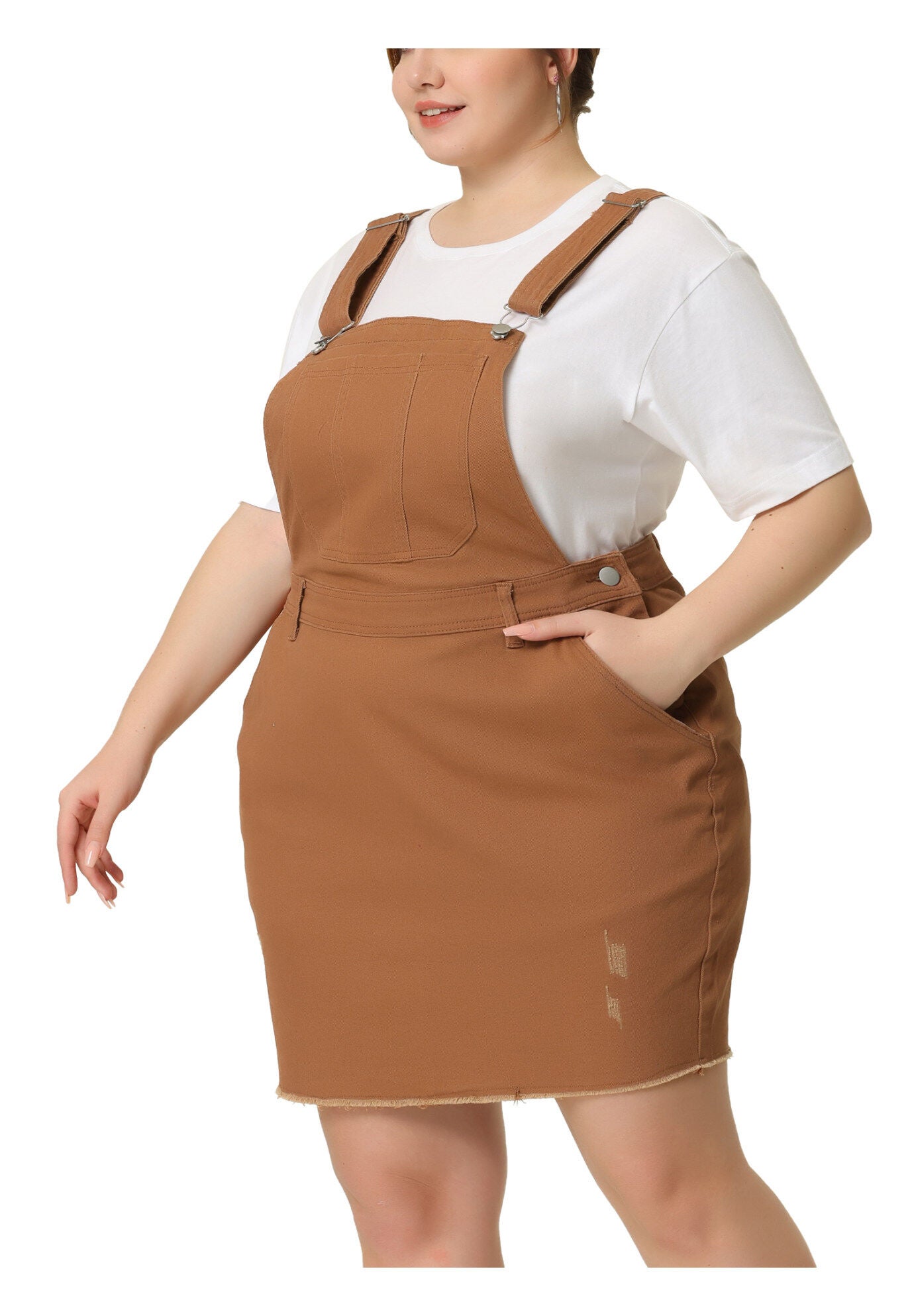 ADJUSTABLE STRAP DISTRESSED DENIM SUSPENDER SKIRT OVERALL DRESS, Brown / Brown, alternate image number 1