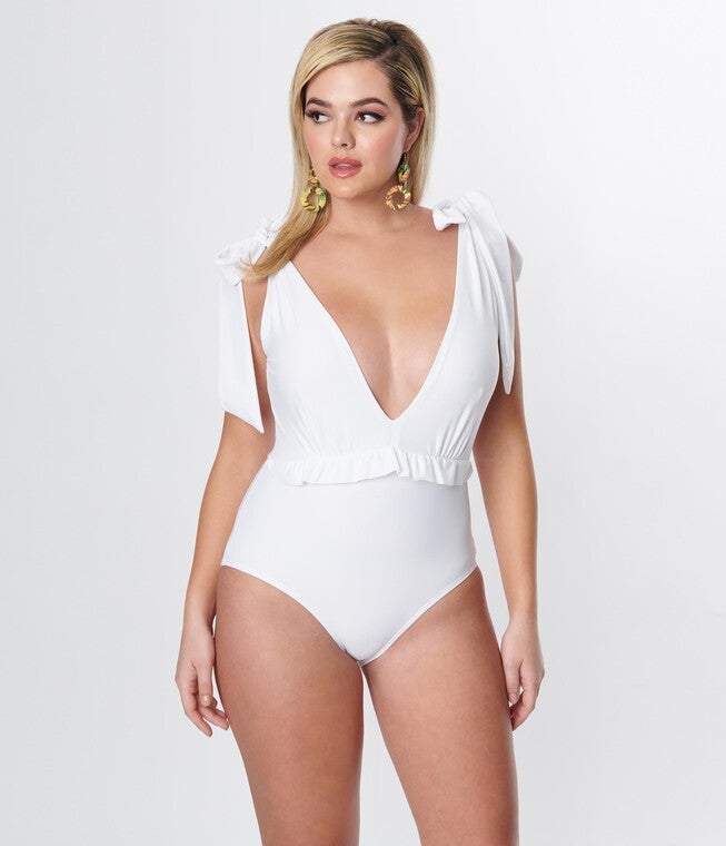 White Plunge One Piece Swimsuit, White / White, alternate image number null