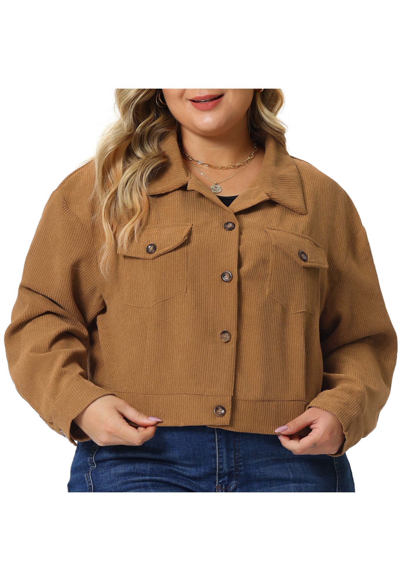 CORDUROY CROPPED BUTTON DOWN LONG SLEEVE SHIRT SHACKET JACKET, Brown / Brown, alternate image number 1
