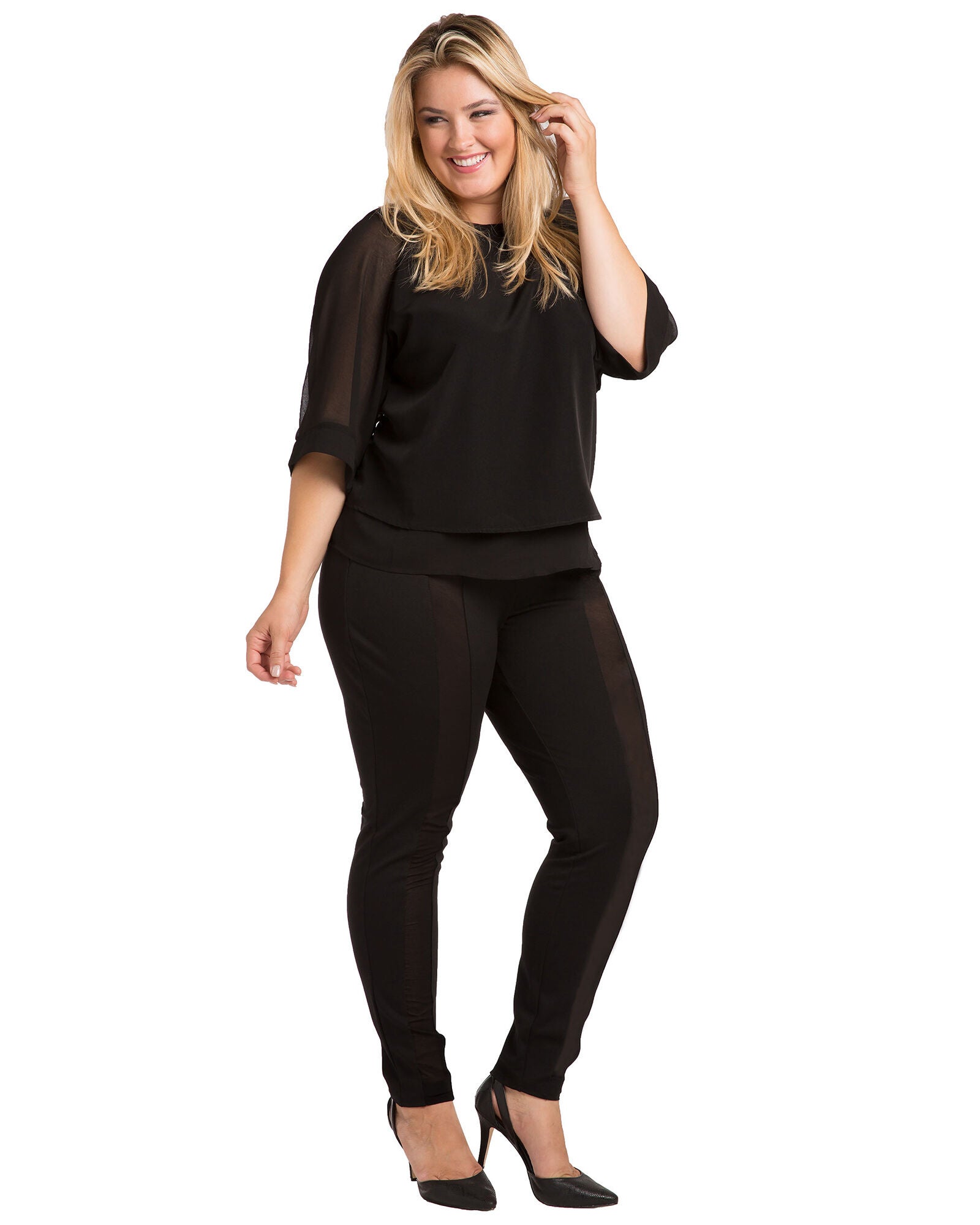 Cindy Ponte Legging with Sheer Panel, BLACK / Black, alternate image number 2