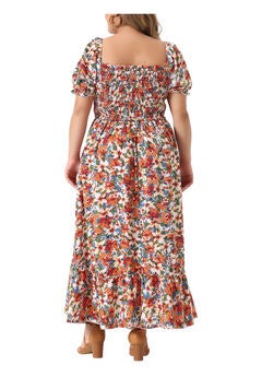 Short Sleeve Shirred Square Neck Floral Maxi Long Dress