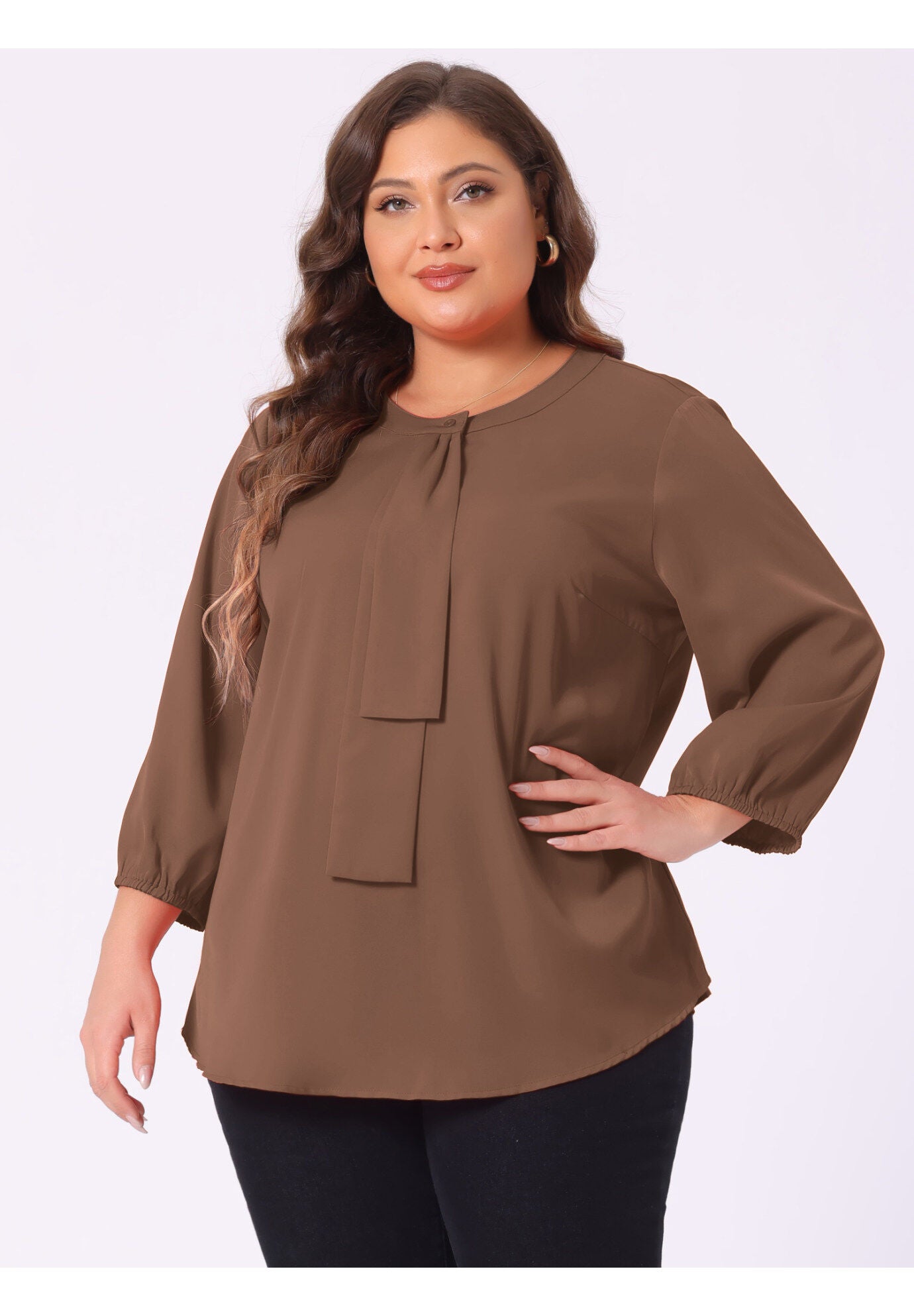 Work Round Neck Ruffle Chiffon Blouse Top, Dark Brown / Brown, alternate image number 1