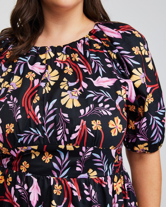 Flamingo Floral Midi Puff Sleeve Dress, , alternate image number null