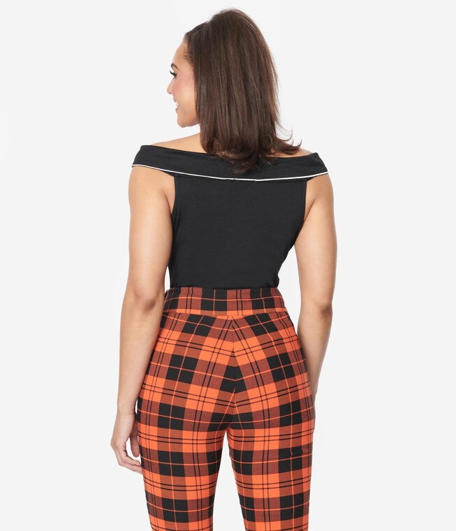Unique Vintage Black & White Web Off the Shoulder Top, Black / Black, alternate image number 2
