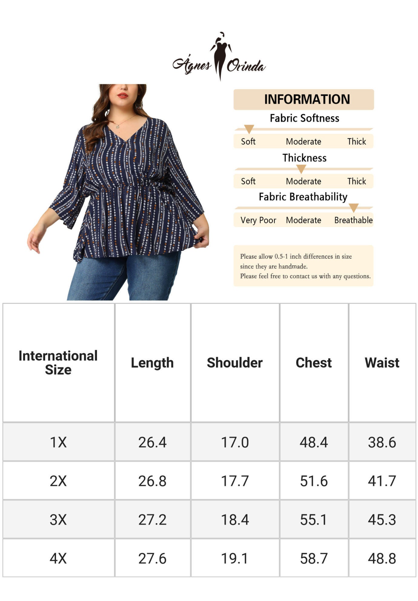 Boho Work V Neck Striped Peplum Top Blouse, Blue / Navy, alternate image number 4