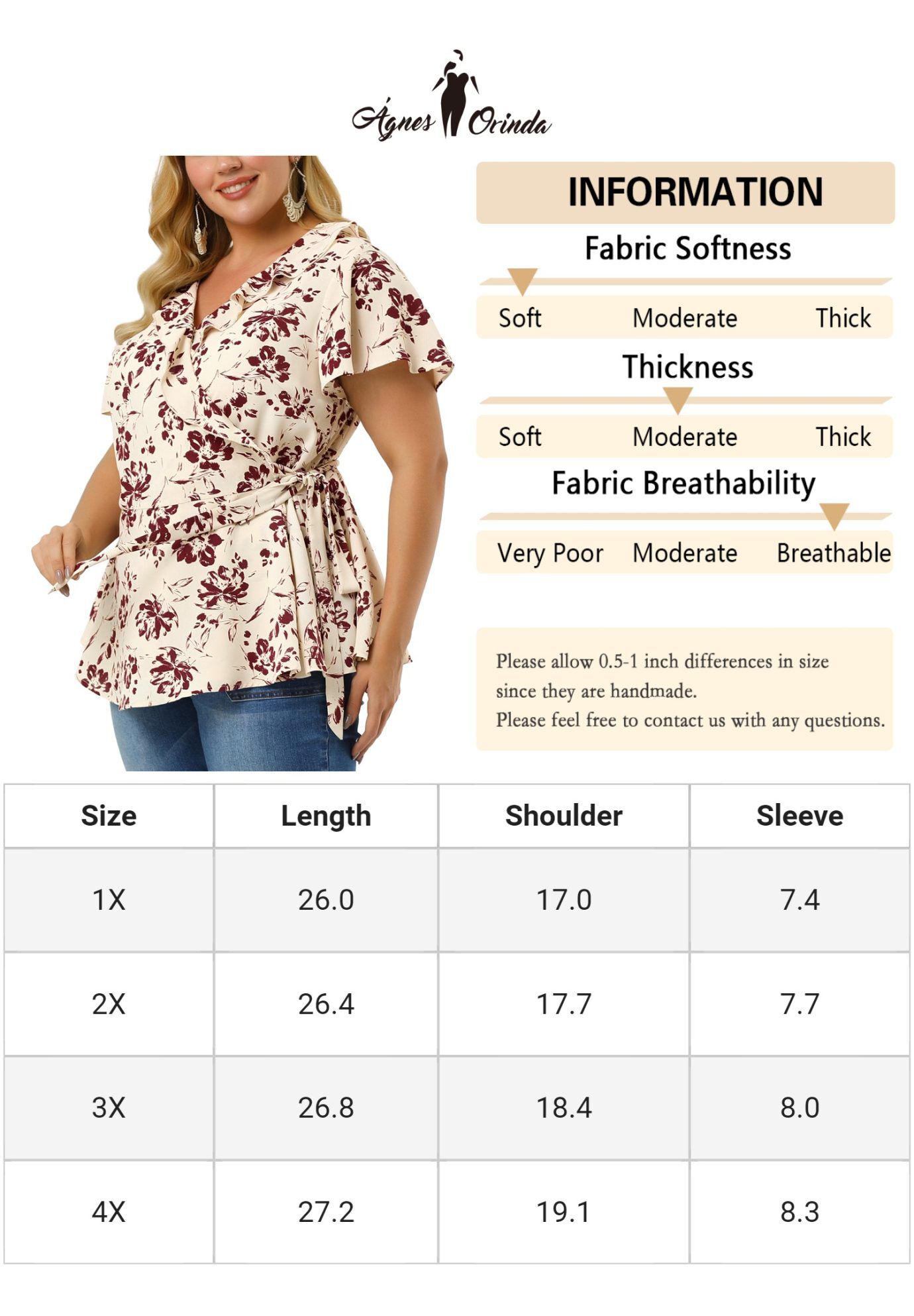 Wrap V Neck Tie Waist Ruffle Sleeve Blouse Summer Floral Top, Beige / Beige, alternate image number 4