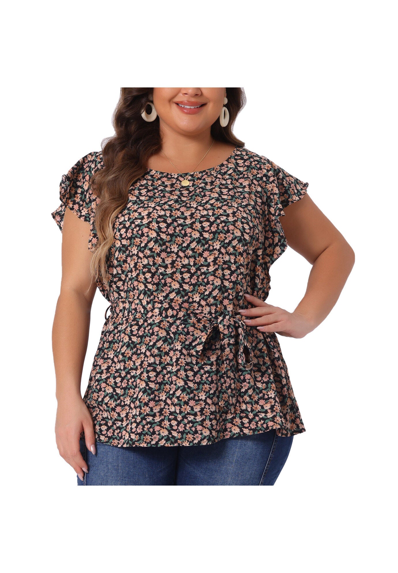 Summer Top Floral Tie Waist Short Sleeves Casual Blouse, Black Orange / Orange, alternate image number 2