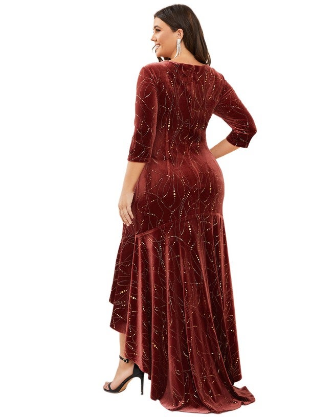 Women's Stylish Bodycon High-Low Velvet Party Dress, Brick Red / Red, alternate image number null