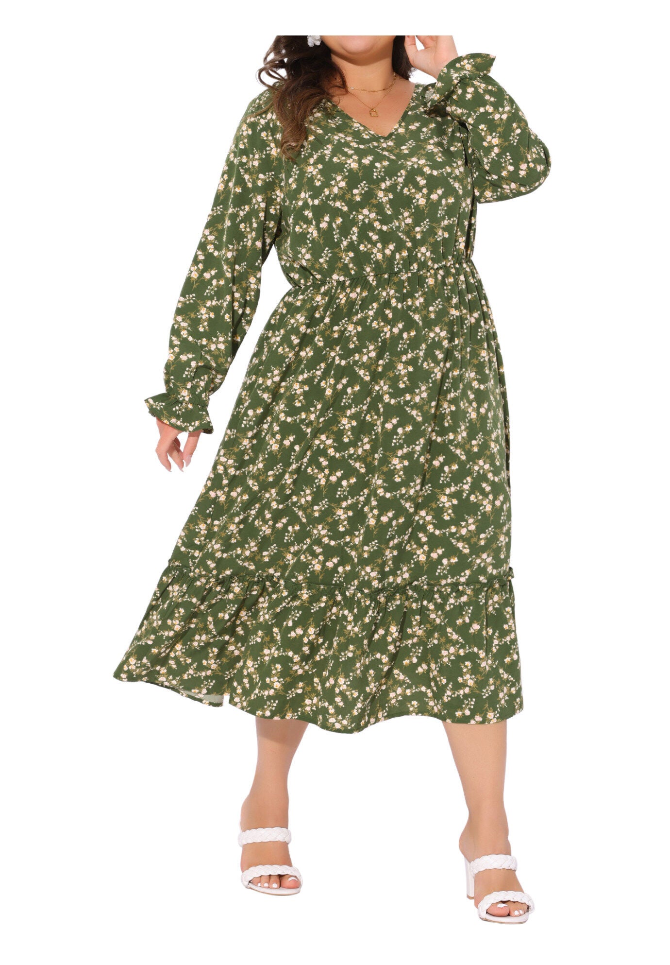 Boho Floral Print V Neck Long Sleeve Ruffle Hem Long Maxi Dress, Olive Green / Olive Green, alternate image number 2