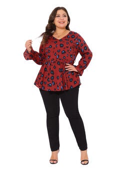 Graphic Print Belted Long Sleeve Peplum Blouse