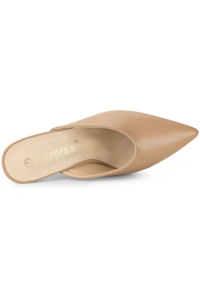 Pointed Toe Chunky Heels Slides Mules, Nude / Beige, alternate image number 2