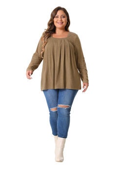Long Sleeve Square Neck Flowy Pleated Loose Fit Tunic Top