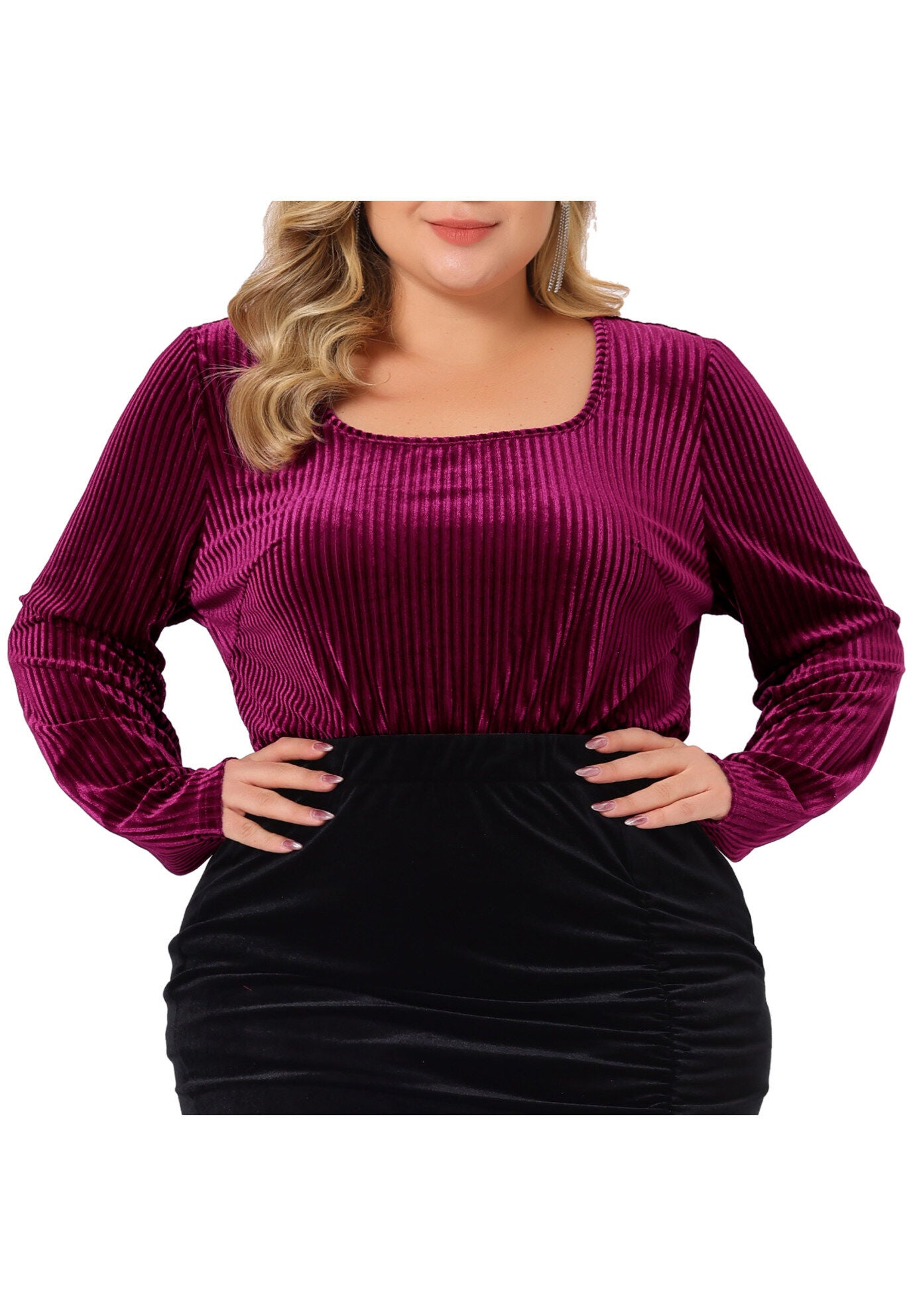 Square Neck Pullover Long Sleeve Blouse Tunic Velvet Top, Burgundy / Red, alternate image number 2