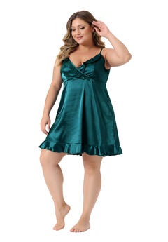 SATIN LINGERIE V-NECK SLEEVELESS RUFFLE TRIM CAMI DRESS NIGHTGOWN