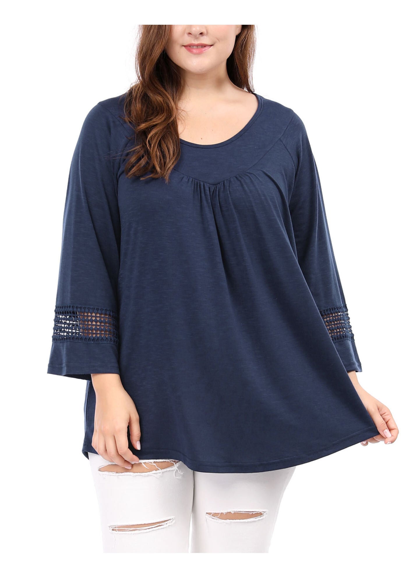 CROCHET PANEL HOLLOW OUT PLEATED TUNICS BLOUSE TOP, Blue / Navy, alternate image number 1