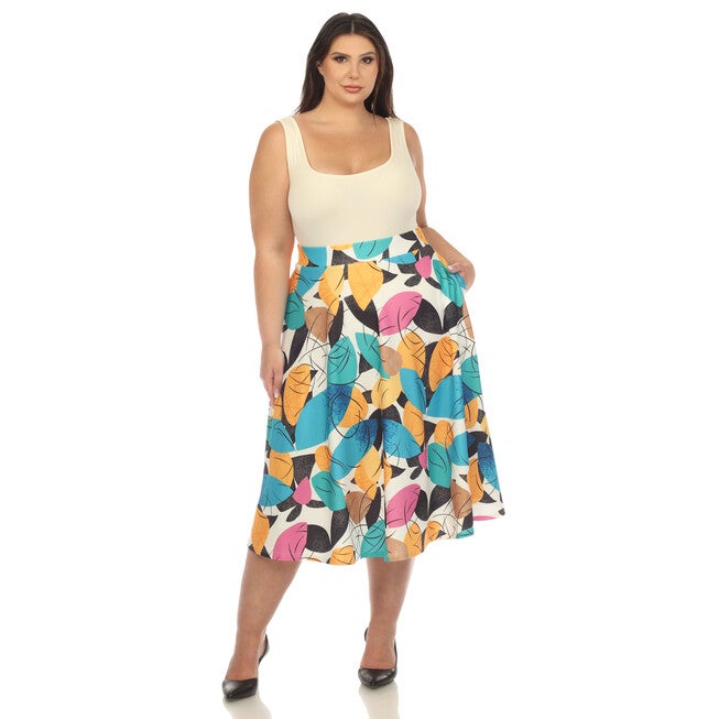 Leaf Print Vintage Flared Midi Skirt, , alternate image number null