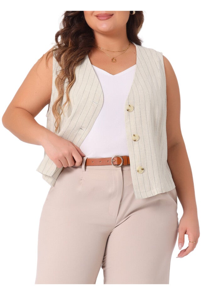 Sleeveless Button Down V Neck Crop Waistcoat Linen Vest, Beige / Beige, alternate image number 1